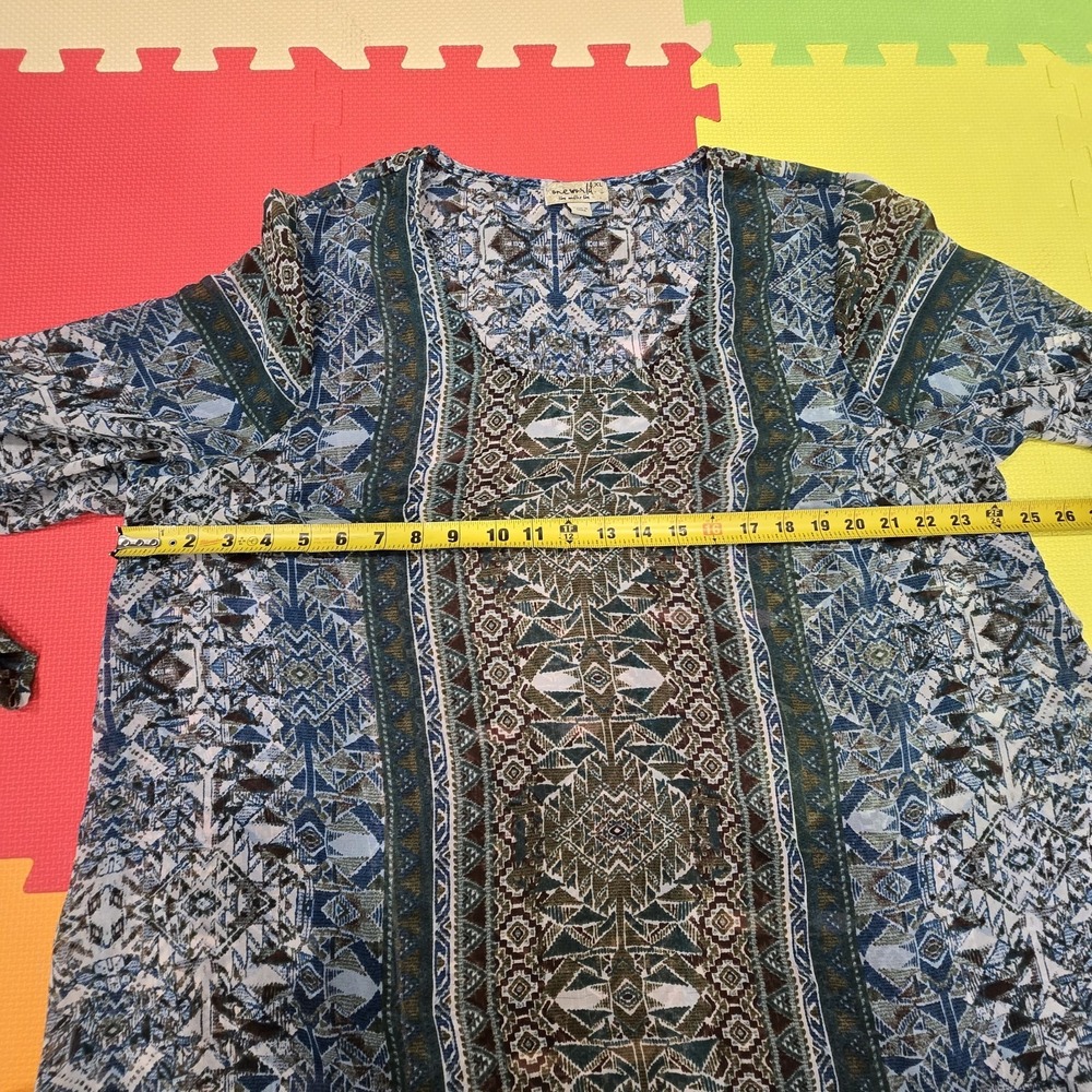 One World Women XL Top Blue Green Geometric Print V-Neck Sheer Boho Peasant... - Picture 2 of 9